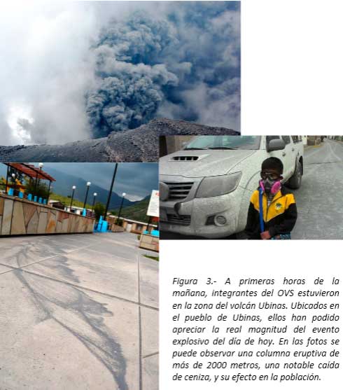 Ash emission from Ubinas yesterday and ash fall in Ubinas town (OVS)