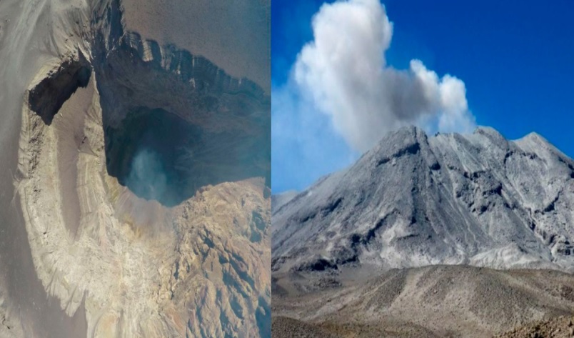 Aerial view into the Ubinas's crater (left) and the southeastern slope of the volcano (right) (image: La Republica)