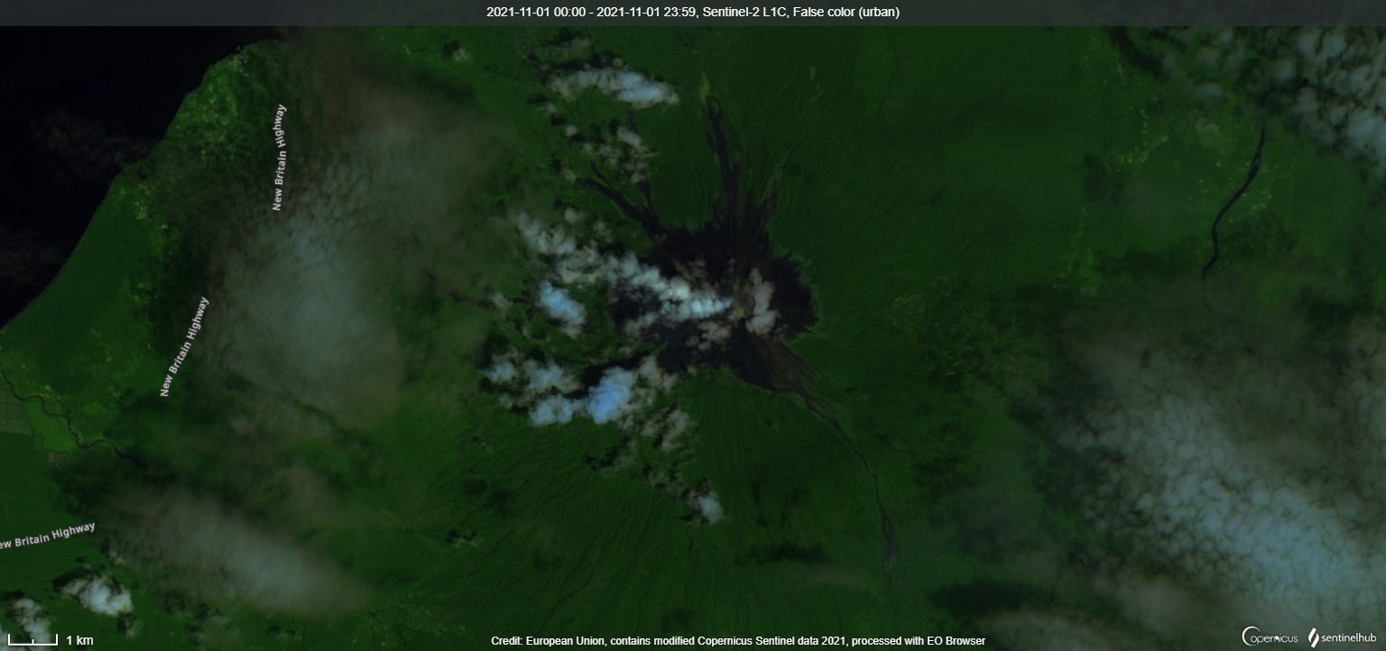 Gas and steam plume from Ulawun volcano on 1 November (image: Sentinel 2)