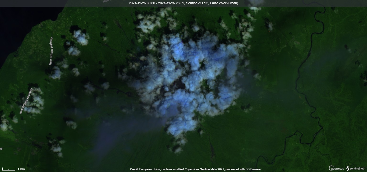 Ulawun volcano captured from satellite on 26 November (image: Sentinel 2)