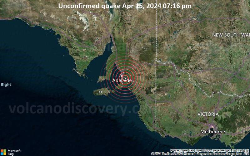 Unconfirmed quake or seismic-like event reported: 23 km southeast of Adelaide CBD, Adelaide, South Australia, Australia, 3 minutes ago