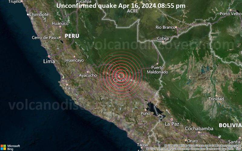 Unconfirmed quake or seismic-like event reported: 19 km northeast of Cusco, Cusco, Peru, 6 minutes ago