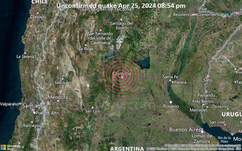 Unbestätigtes Erdbeben oder erdbebenähnliches Ereignis: 14 km nordwestlich von Córdoba, Capital, Córdoba, Argentinien, vor 4 Minuten
