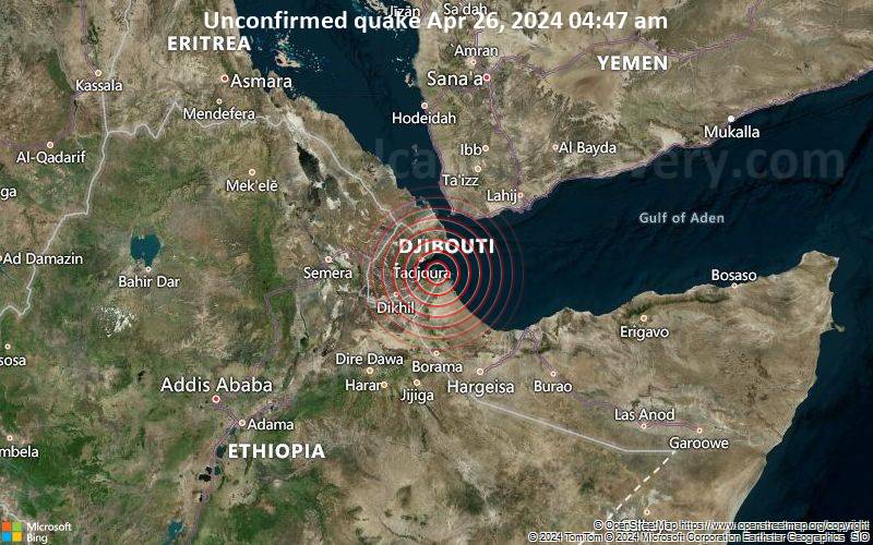 Unconfirmed quake or seismic-like event reported: 4.5 km southeast of Djibouti, Djibouti, 1 minute ago