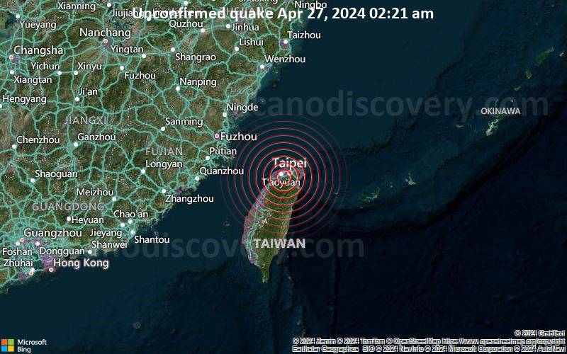 Unconfirmed quake or seismic-like event reported: 22 km southwest of Taipei, Taiwan, 4 minutes ago