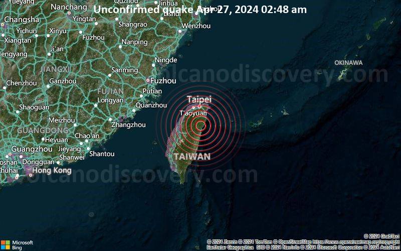Unconfirmed quake or seismic-like event reported: 35 km north of Hualien City, Taiwan, 4 minutes ago