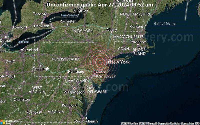 Unbestätigtes Erdbeben oder erdbebenähnliches Ereignis: 34 km nordwestlich von New Brunswick, Middlesex County, New Jersey, USA, vor 1 Minute