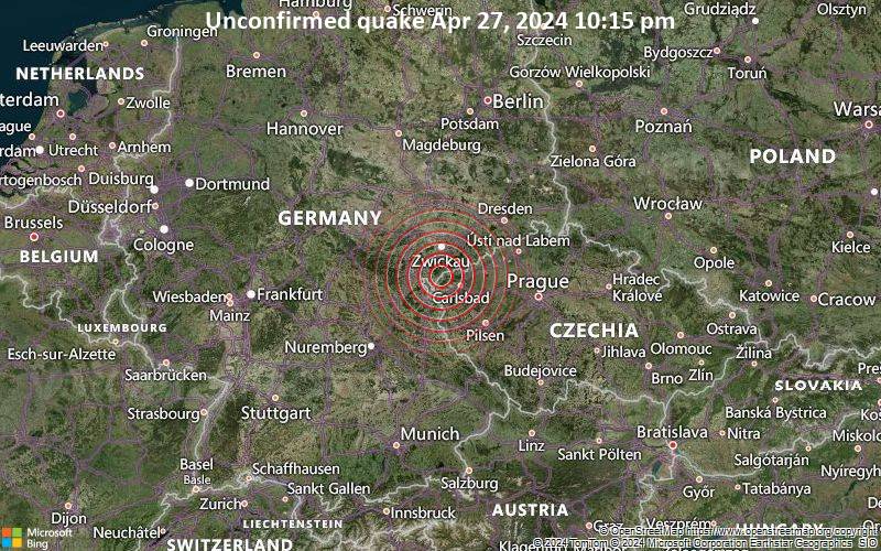 Unconfirmed quake or seismic-like event reported: 27 km southeast of Plauen, Saxony, Germany, 5 minutes ago