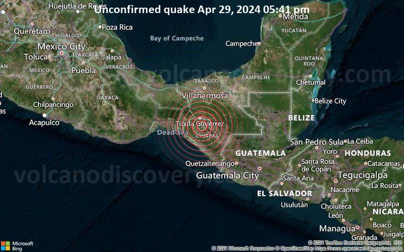 Unbestätigtes Erdbeben oder erdbebenähnliches Ereignis: 39 km südlich von Tuxtla Gutiérrez, Chiapas, Mexiko, vor 5 Minuten