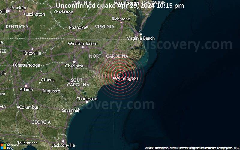 Unbestätigtes Erdbeben oder erdbebenähnliches Ereignis: 41 km nordöstlich von Masonboro, New Hanover County, North Carolina, USA, vor 4 Minuten