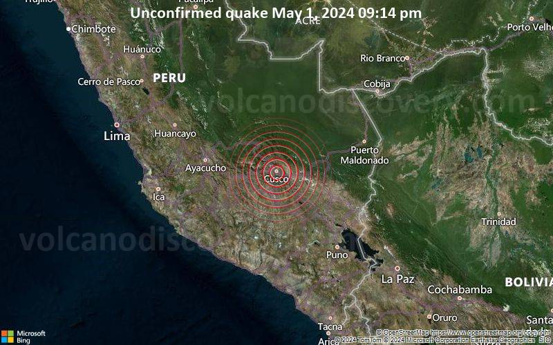 Unconfirmed quake or seismic-like event reported: 0.8 km southwest of Cusco, Cusco, Peru, 6 minutes ago