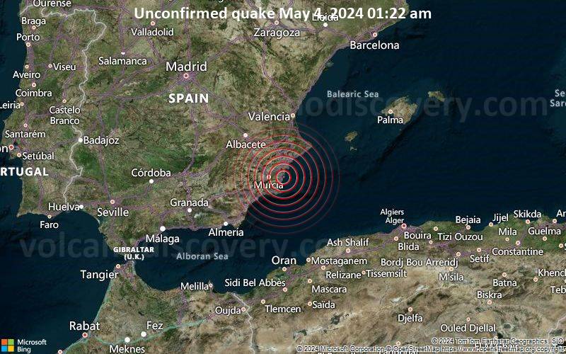 Unbestätigtes Erdbeben oder erdbebenähnliches Ereignis: 29 km südlich von Elx, Alicante, Landes Valencia, Spanien, vor 1 Minute