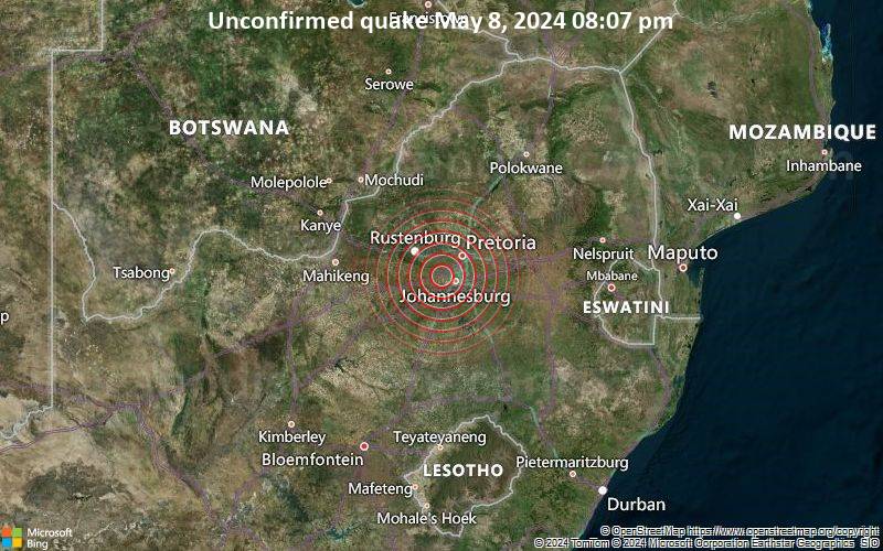 Unconfirmed quake or seismic-like event reported: 32 km west of Johannesburg, Gauteng, South Africa, 2 minutes ago