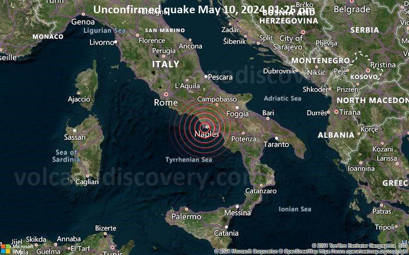 Unconfirmed quake or seismic-like event reported: 12 km west of Naples, Napoli, Campania, Italy, 7 minutes ago