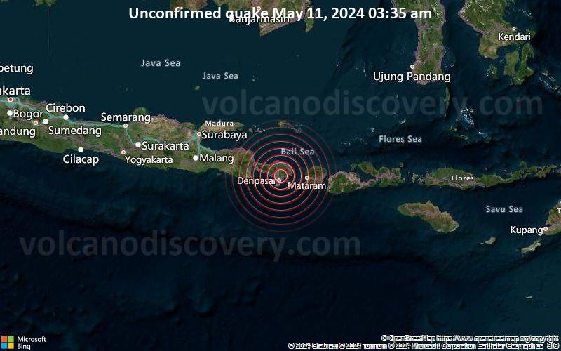 Unconfirmed quake or seismic-like event reported: 16 km north of Denpasar, Bali, Indonesia, 4 minutes ago
