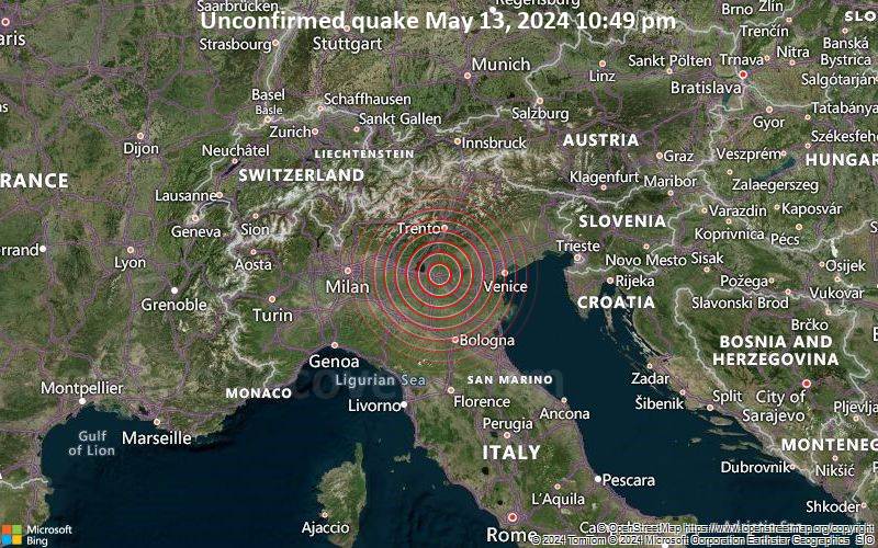 Unbestätigtes Erdbeben oder erdbebenähnliches Ereignis: 1.5 km östlich von Verona, Verona, Venetien, Italien, vor 7 Minuten