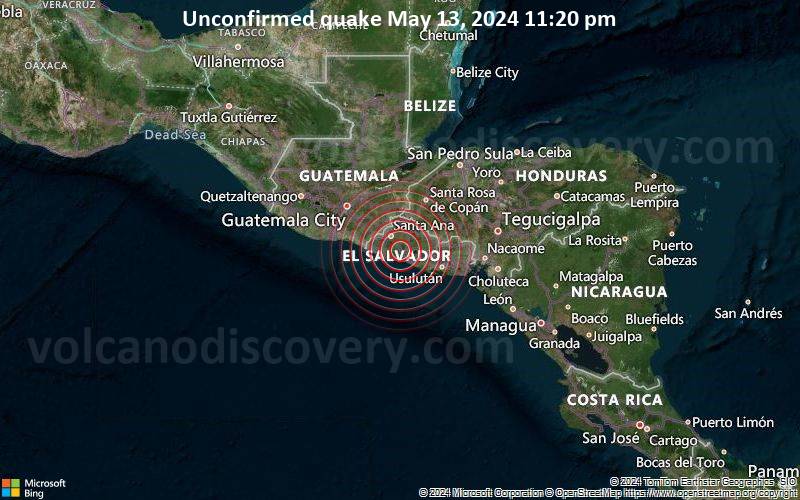 Unconfirmed quake or seismic-like event reported: 20 km west of San Salvador, San Salvador, El Salvador, 2 minutes ago