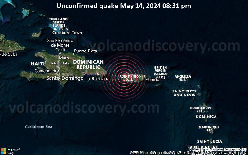Unconfirmed quake or seismic-like event reported: 3.4 km north of Mayaguez, Mayagüez, Puerto Rico, 4 minutes ago