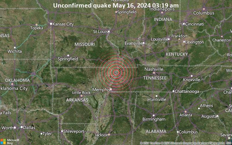 Unbestätigtes Erdbeben oder erdbebenähnliches Ereignis: 30 km nordwestlich von Dyersburg, Dyer County, Tennessee, USA, vor 5 Minuten
