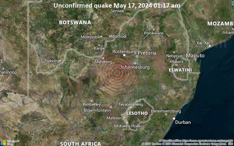 Unconfirmed quake or seismic-like event reported: 1 km south of Klerksdorp, North West, South Africa, 6 minutes ago