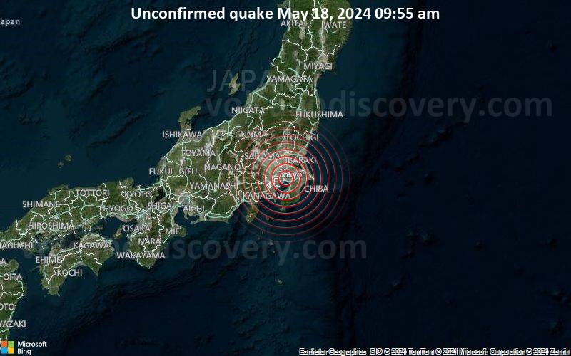 Unconfirmed quake or seismic-like event reported: Tokyo, 5.5 km north of Funabashi, Chiba, Japan, 5 minutes ago
