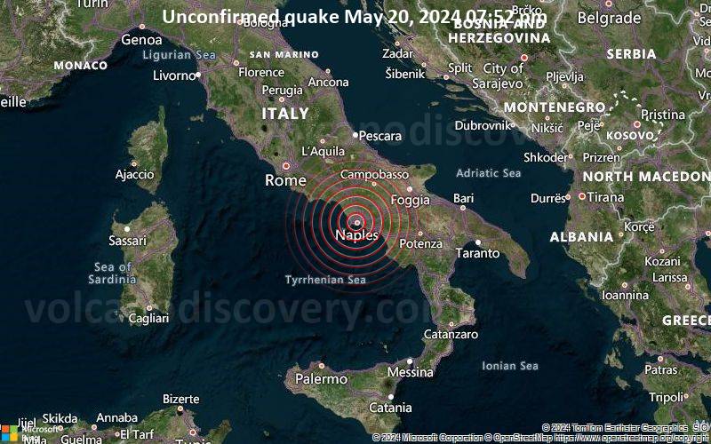 Unconfirmed quake or seismic-like event reported: 7.2 km west of Naples, Napoli, Campania, Italy, 1 minute ago