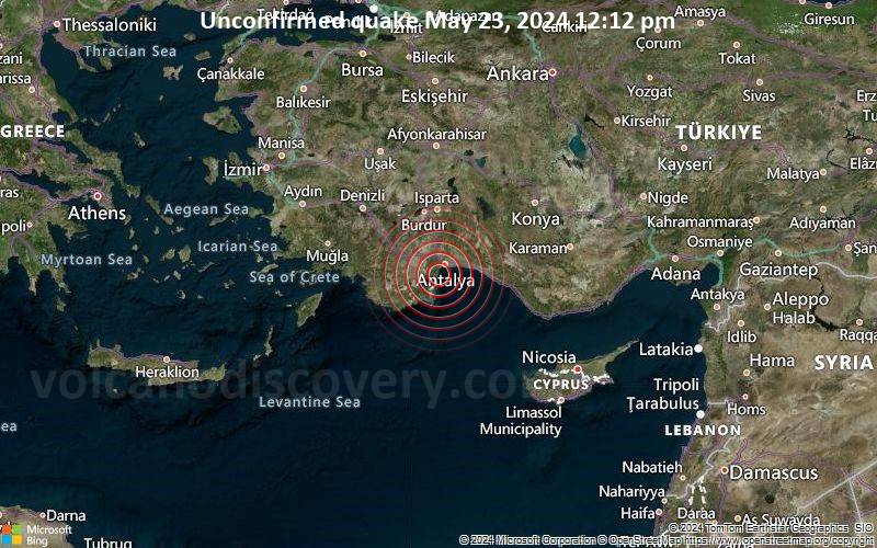 Unconfirmed quake or seismic-like event reported: 22 km southwest of Antalya, Antalya, Turkey, 5 minutes ago