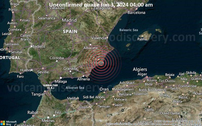 Unconfirmed quake or seismic-like event reported: 31 km southeast of Murcia, Murcia, Spain, 3 minutes ago