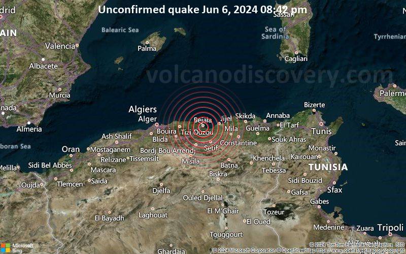 Unbestätigtes Erdbeben oder erdbebenähnliches Ereignis: 6.2 km südwestlich von Bejaia, Wilāyat Bidschāya, Algerien, vor 7 Minuten