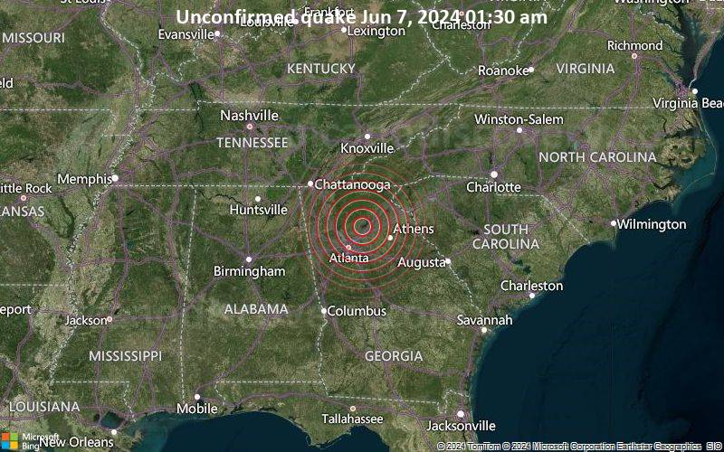 Unconfirmed quake or seismic-like event reported: 26 mi northeast of Sandy Springs, Fulton County, Georgia, United States, 3 minutes ago