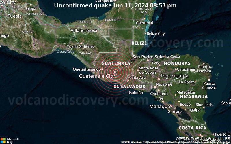 Unconfirmed quake or seismic-like event reported: 1 km north of Guatemala, Guatemala, 4 minutes ago