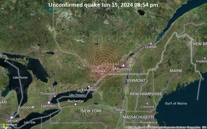 Unbestätigtes Erdbeben oder erdbebenähnliches Ereignis: 39 km nordöstlich von Ottawa, Ottawa, Ontario, Kanada, vor 6 Minuten