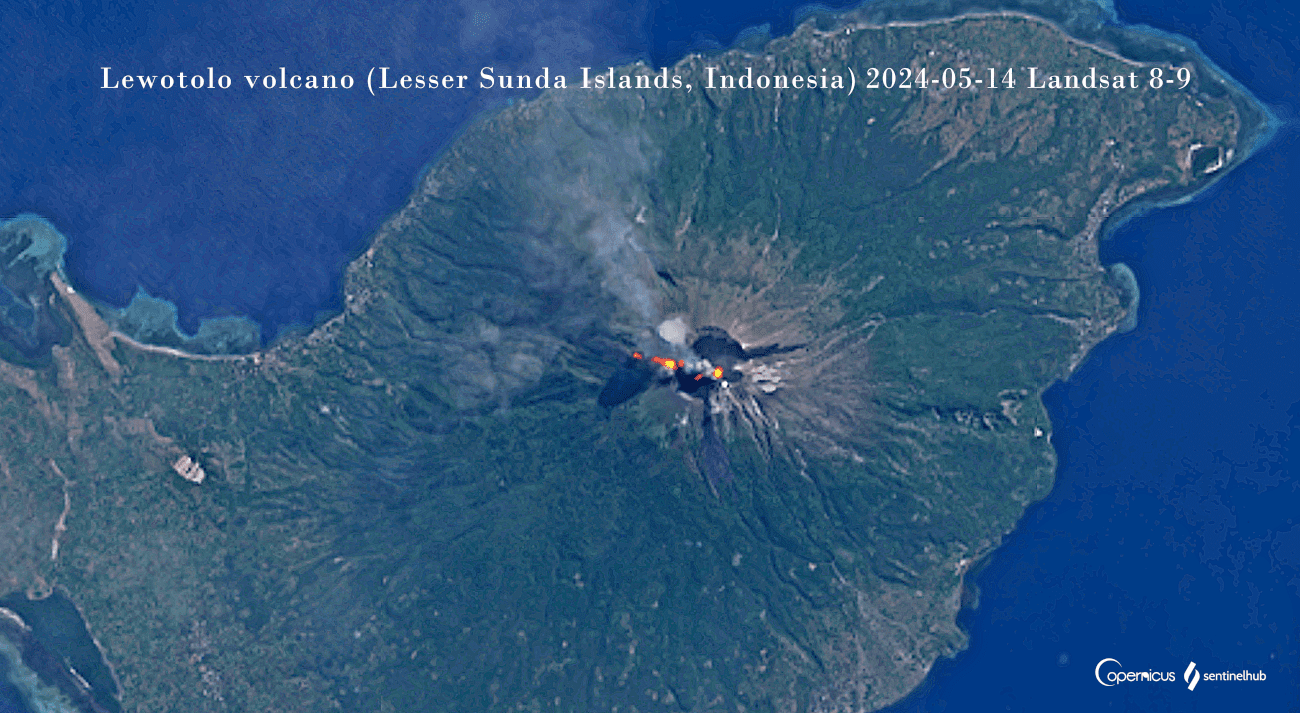 Thermal detection on the western flank of Lewotolo volcano indicates the lava flow (image: Sentinel-2)