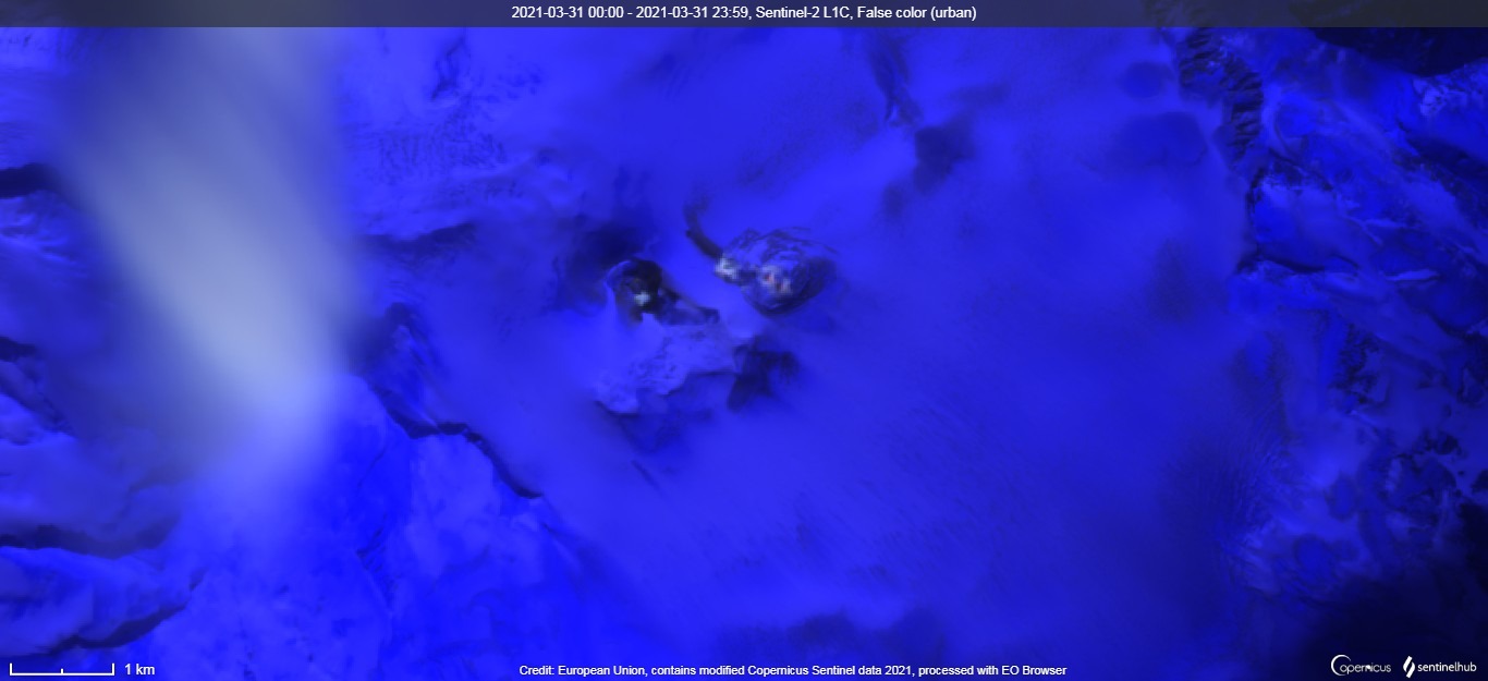 Weakening of the ongoing activity visible in the satellite image (image: Sentinel 2)