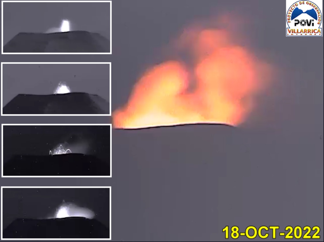 10 月 18 日に頂上の通気口から放出される輝く蒸気に関連する小さな溶岩の噴水 (画像: Proyecto Observación Villarrica)