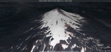 3D satellite image of Villarrica volcano displaying fresh ash deposits on its W-SW slopes (image: Sentinel 2)
