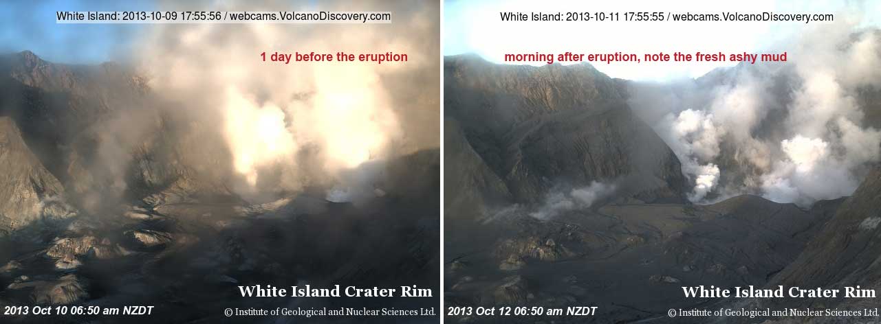Comparison of the eruption site in White Island before (l) and after the eruption on Friday evening(r)