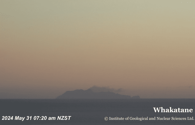 Minor gas emissions from the White Island volcano as seen via webcam on 31 May (image: GeoNet New Zealand)