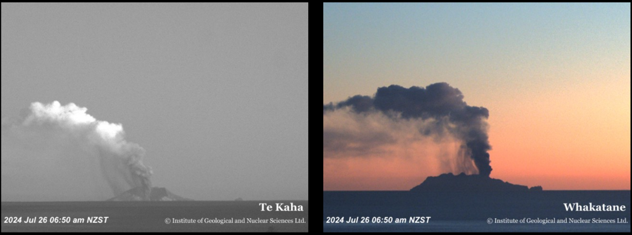 Small amount of falling ash emissions from downwind as seen from Te Kaha and Whakatane (image: GeoNet New Zealand)