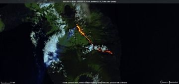 Satellite image of the lava flow at Wolf volcano yesterday (image: Sentinel 2)