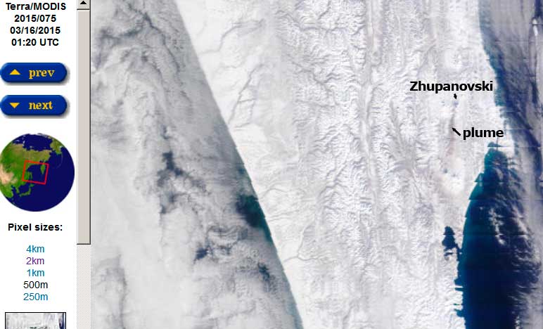 Ash plume from Zhupanovsky volcano this morning (NASA Terra/MODIS)