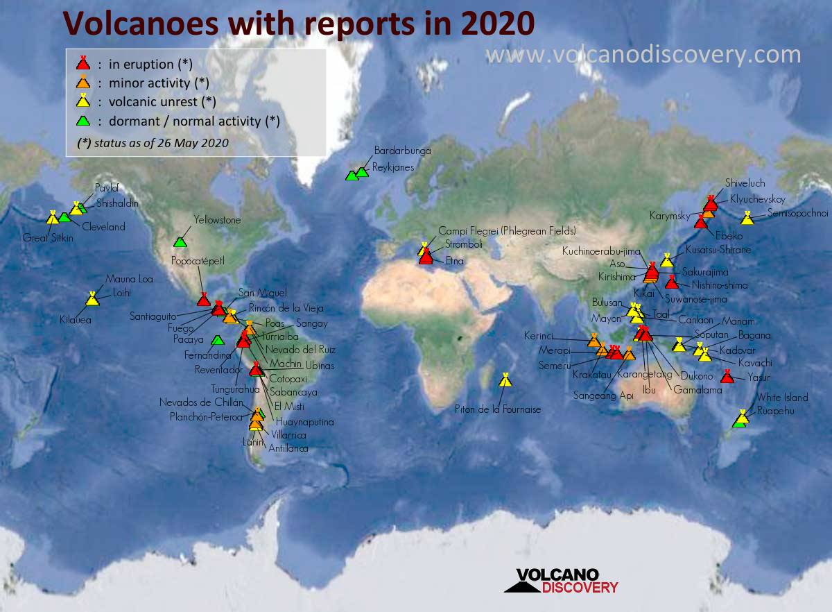 Volcano Stats - active volcanoes per year & month, table and map: May 2012