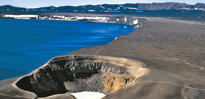 The large volcanic massif of Dynjufjöll in the center of Iceland with the young Öskjuvatn Lake and explosion crater Viti