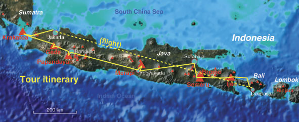 Tour itinerary: From Krakatoa to Bali Tour, map created using Voyager Map Server featuring Face of the Earth (TM).