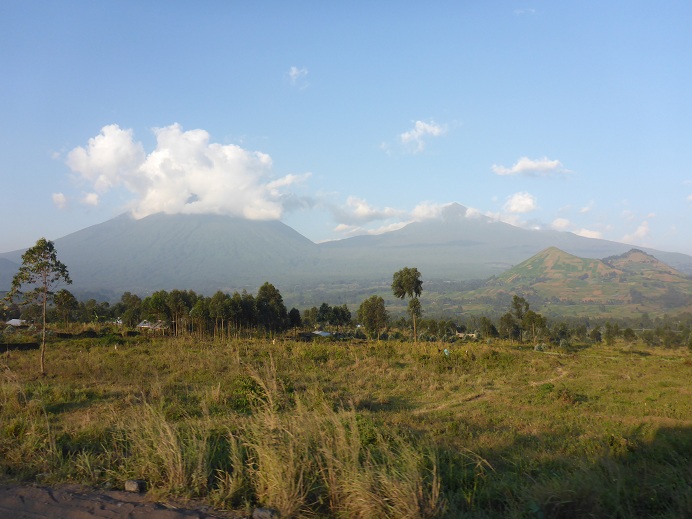 Mikeno (left) and Karisimbi (right) volcanoes in the late afternoon