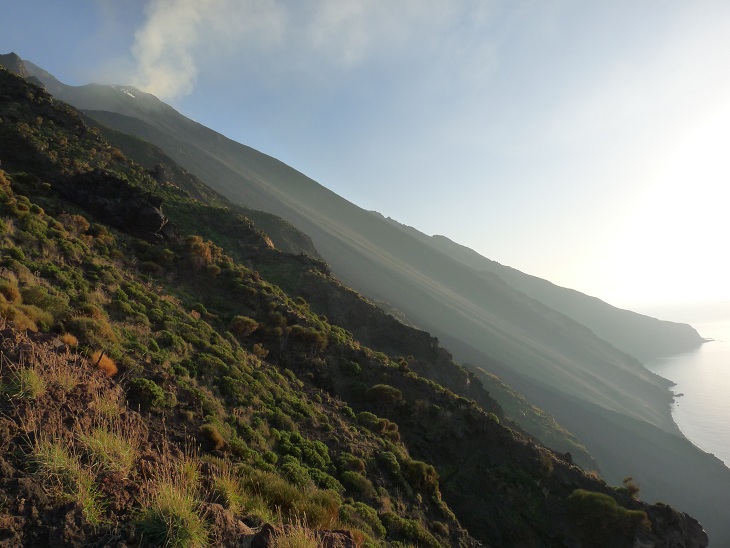 View onto Stromboli´s active summit area and Sciara del Fuoco, the large ash slope from where freshly ejected material rolls into the sea