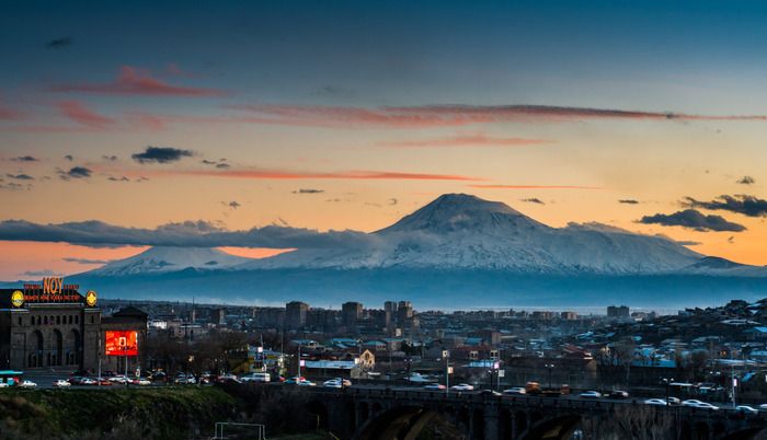 Evening in Yerevan, view from the city to the Mt.Ararat