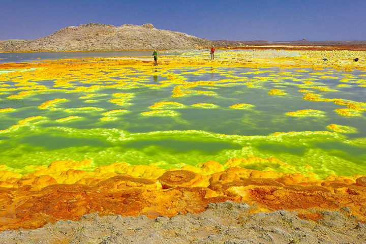 Green ponds and yellow-brown salt deposits at Dallol