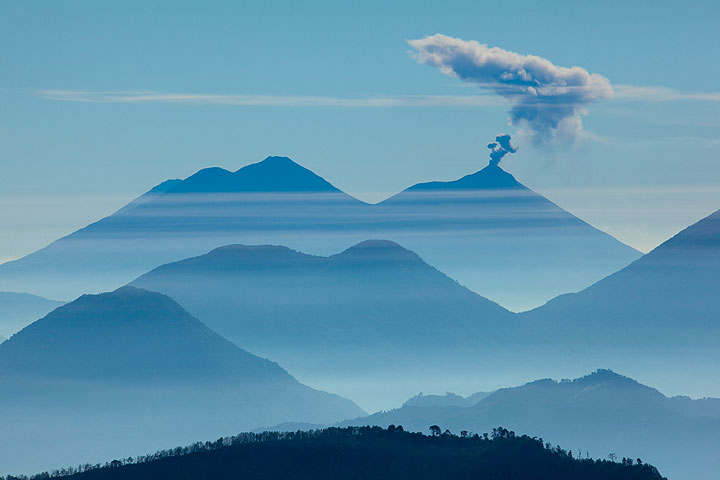 Silhouettes of Acatenango, Fuego and Atitlan volcanoes