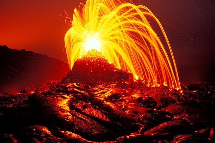 Lava shooting into the air from an erupting skylight